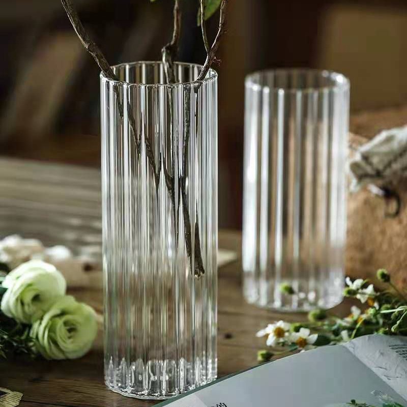 Transparent striped glass vase, Nordic light luxury style decorative item, home plant hydroponic cup, creative living room vase arrangement details Picture