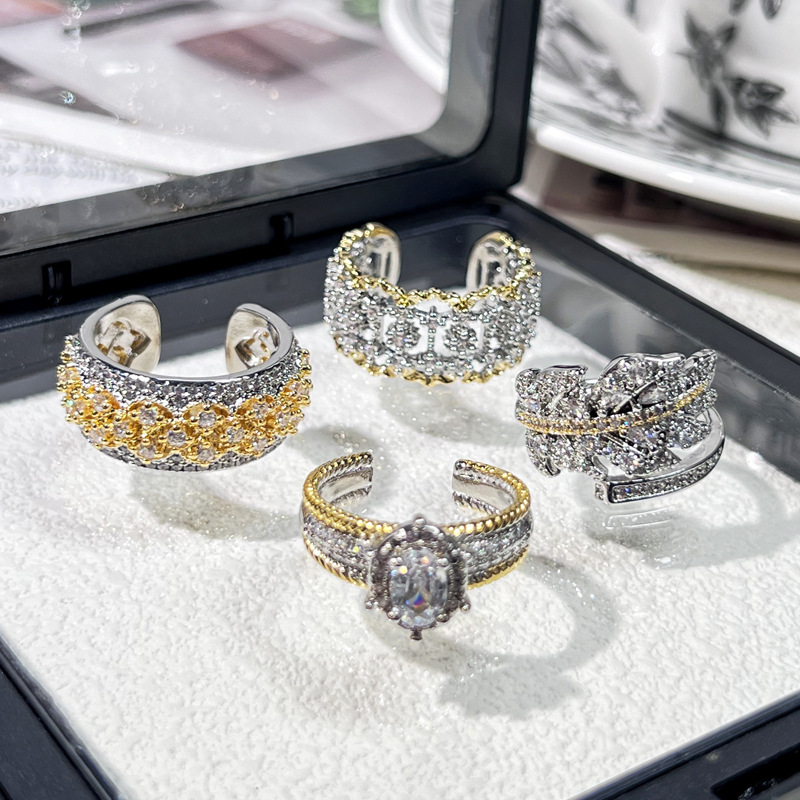 Spring new two-color heavy industry full diamond retro open ring, women's light luxury and high-end, court-style quality index finger ring details Picture