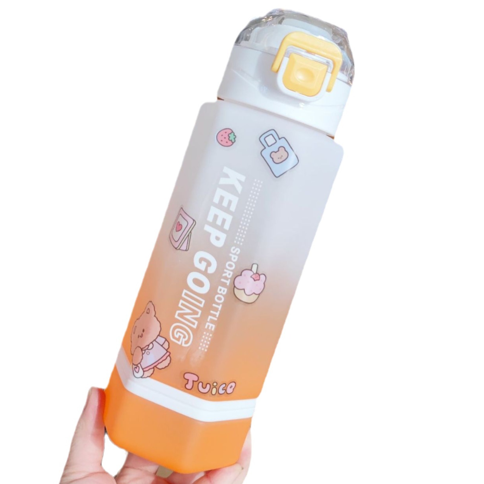 Hexagonal creative plastic water cup, two-color gradient frosted portable handle, direct drinking slanted water bottle with tea strater sticker Item Picture
