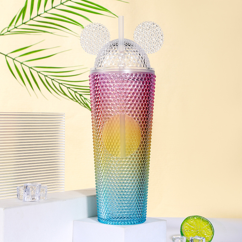 Wholesale of new cross-border products: Double-layer Mickey Durian cup, diamond plastic straw cup, large-capacity colorful straight water cup Specification drawing