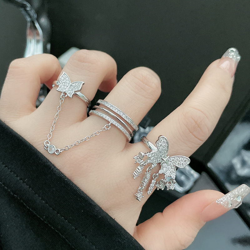 A light luxury butterfly chain tassel fashion open ring for women on Instagram, with a cold and elegant style, is high-end and exquisite. It's a layered ring details Picture