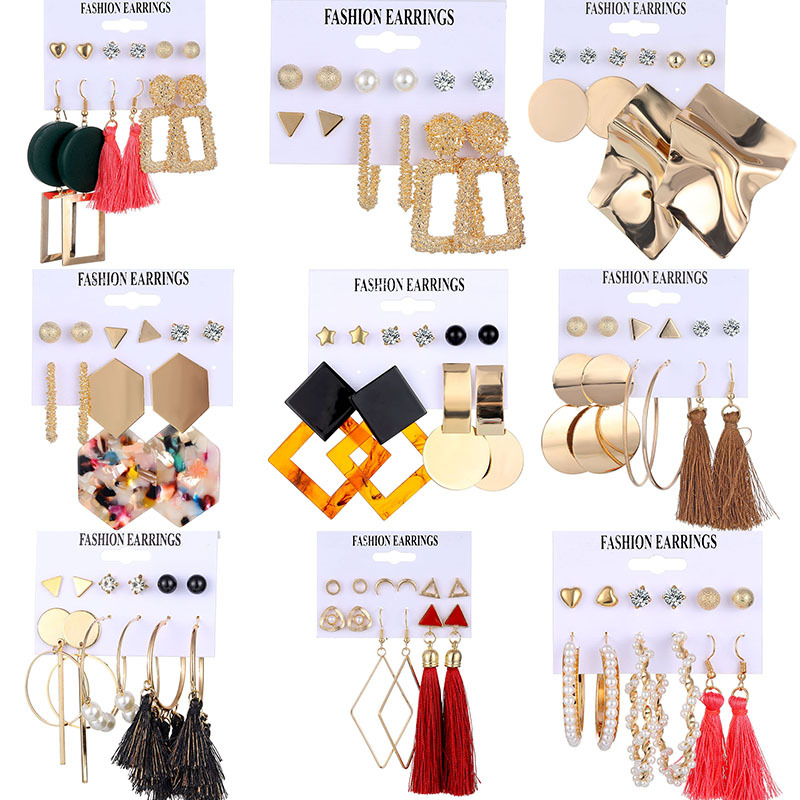 Wholesale of 6-piece sets of cross-border accessories, European and American earrings, geometric metal acrylic sheet tassel stud earrings, and decorative items full figure