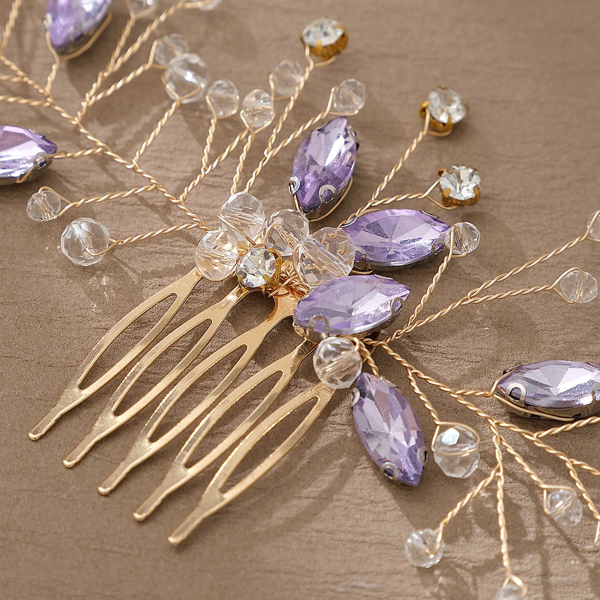 New Chinese-style Xiuhe clothing and hair accessories, retro handcrafted crystal five-toothed comb, children's performance bun, purple water diamond comb Application Scenario