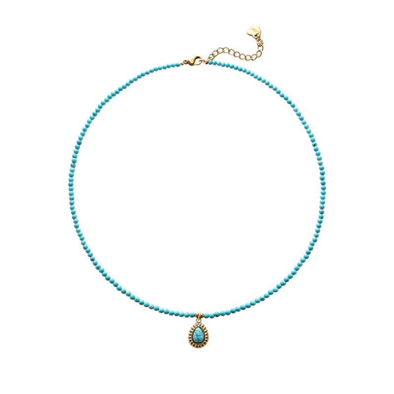New turquoise beaded titanium steel necklace, women's artistic retro collarbone chain, ins light luxury niche original necklace wholesale Item Picture