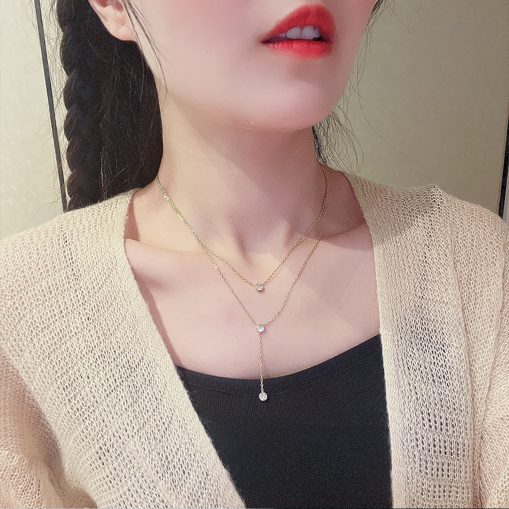 Titanium steel double-layer tassel necklace with a niche design sense, popular collarbone chain with a light luxury and high-end feel, non-fading jewelry wholesale Specification drawing