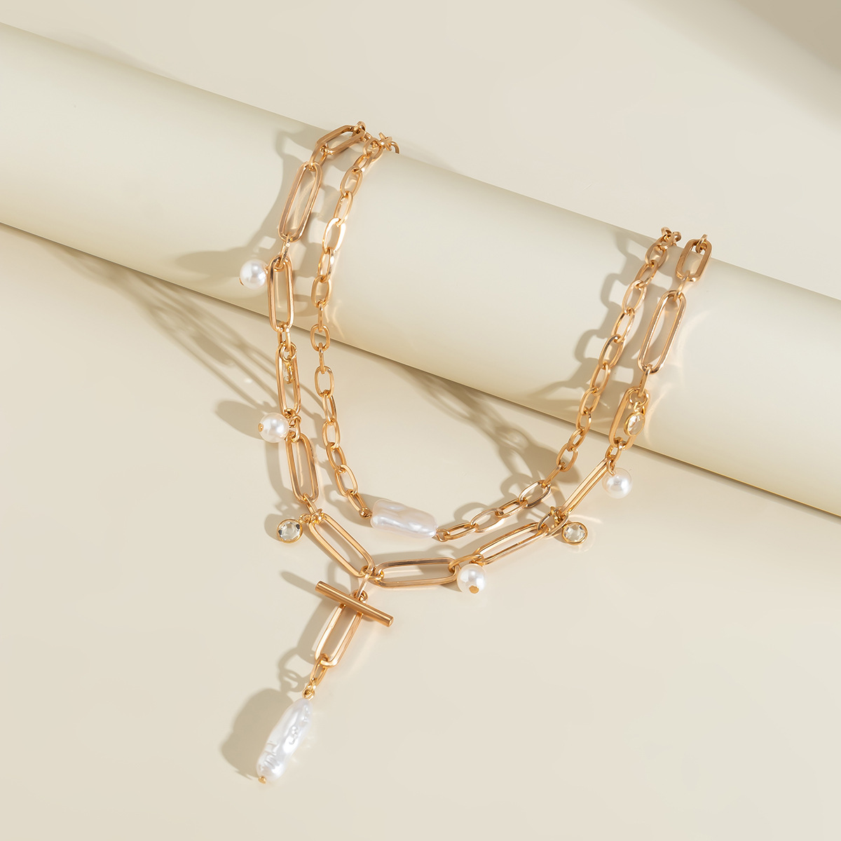 European and American cross-border jewelry, retro imitation pearl chain, versatile beaded necklace, Baroque niche stacked neck chain Specification drawing