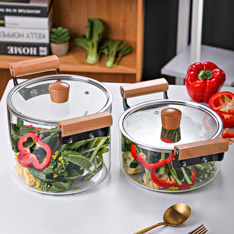 Wholesale high borosilicate double-ear glass pot, high-temperature resistant transparent pot lid, wooden handle, soup stewing pot, steaming pot, can be heated by open flame full figure
