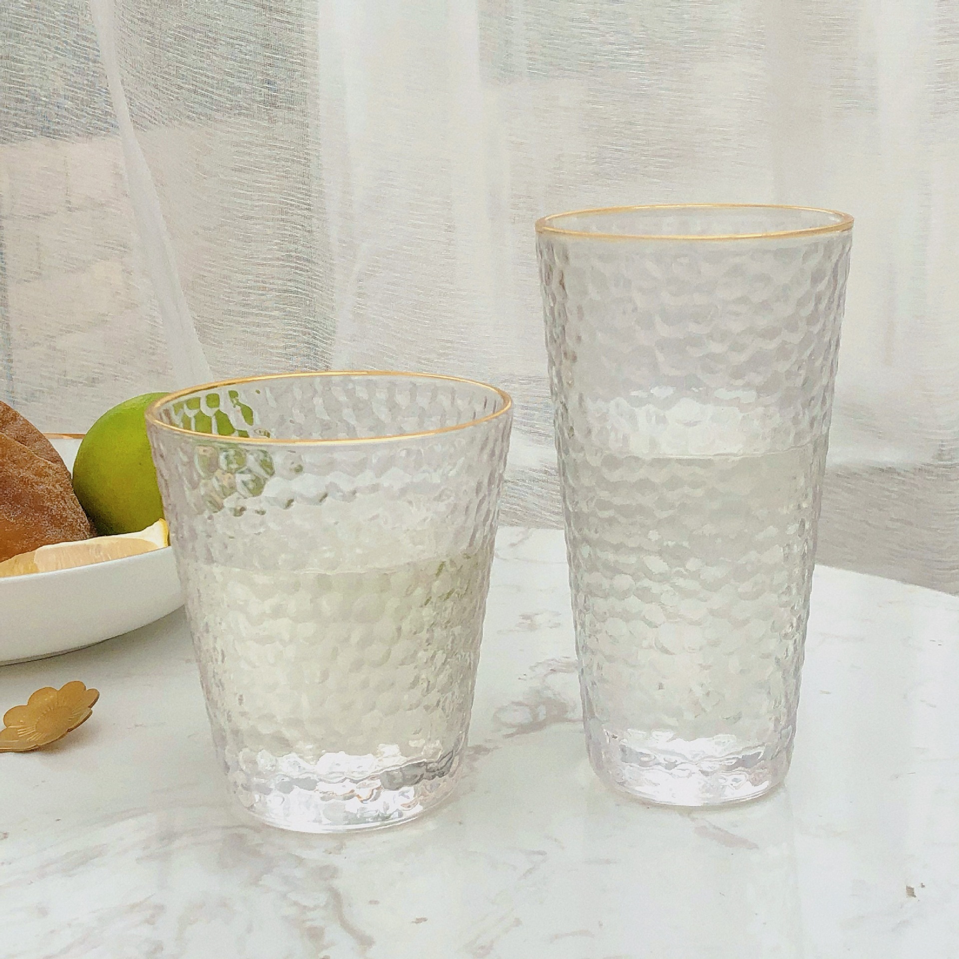 Wholesale of high-end glass hammer-patterned cups, gold-rimmed milk cups, glass water cups, tea cups, juice cups and gifts from Instagram influencers details Picture