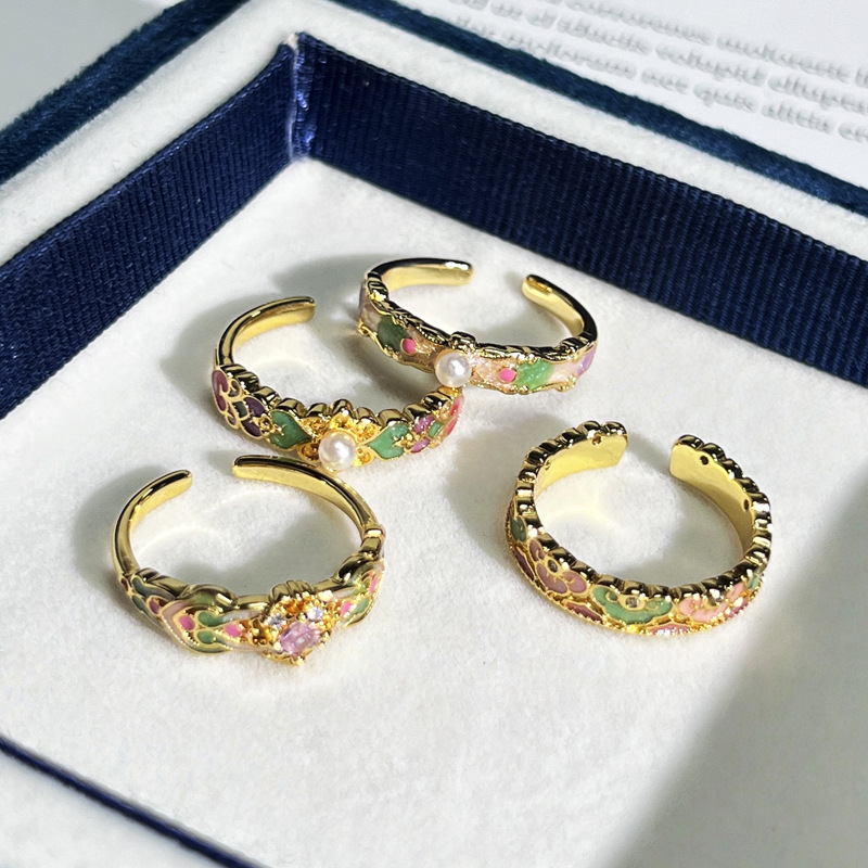 A unique macaron enamel open ring with ancient charm in new Chinese style, a light luxury and niche summer ring for women details Picture