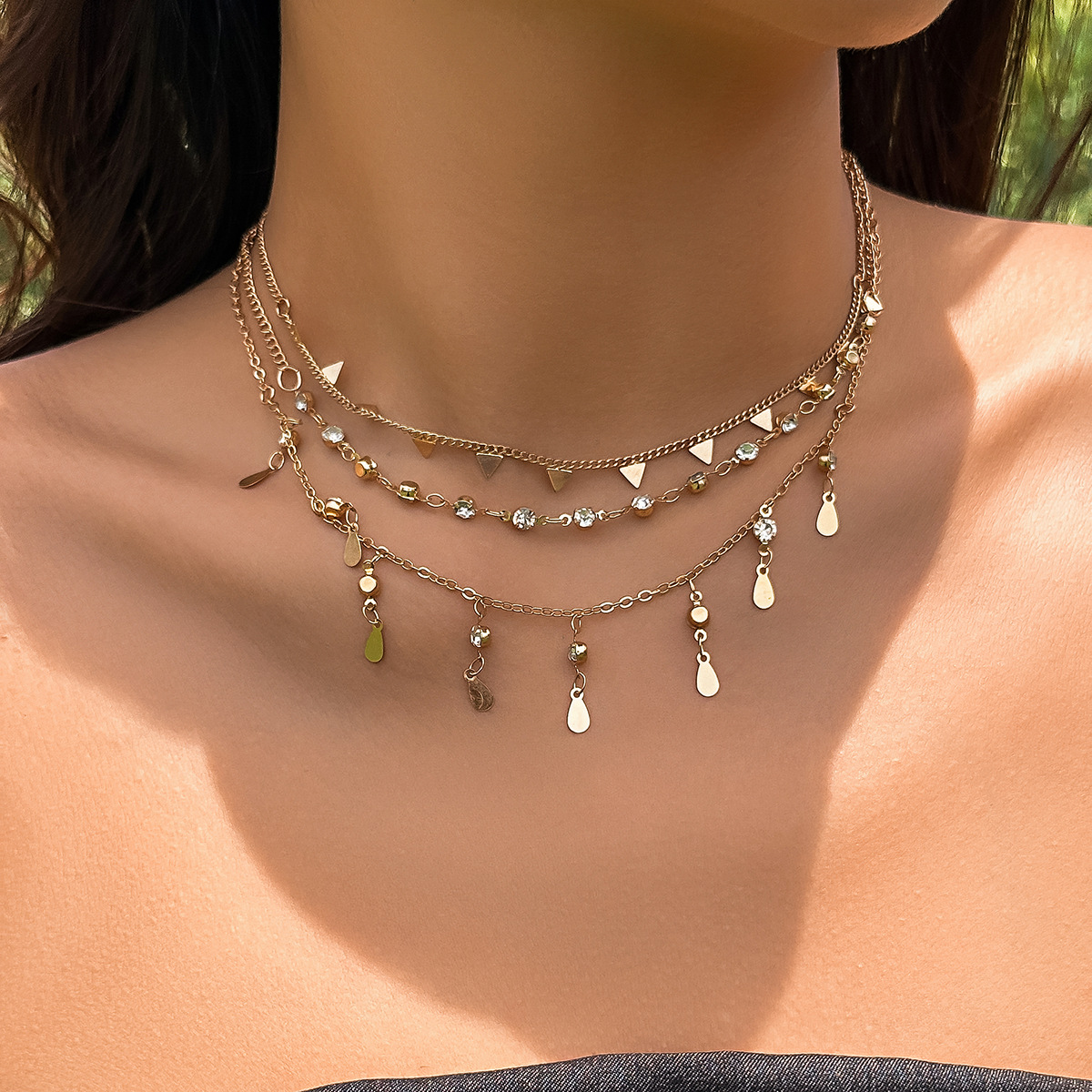 European and American cross-border jewelry, simple layering fine chain star and moon necklace, colorful crushed stone ethnic pendant tassel necklace Specification drawing