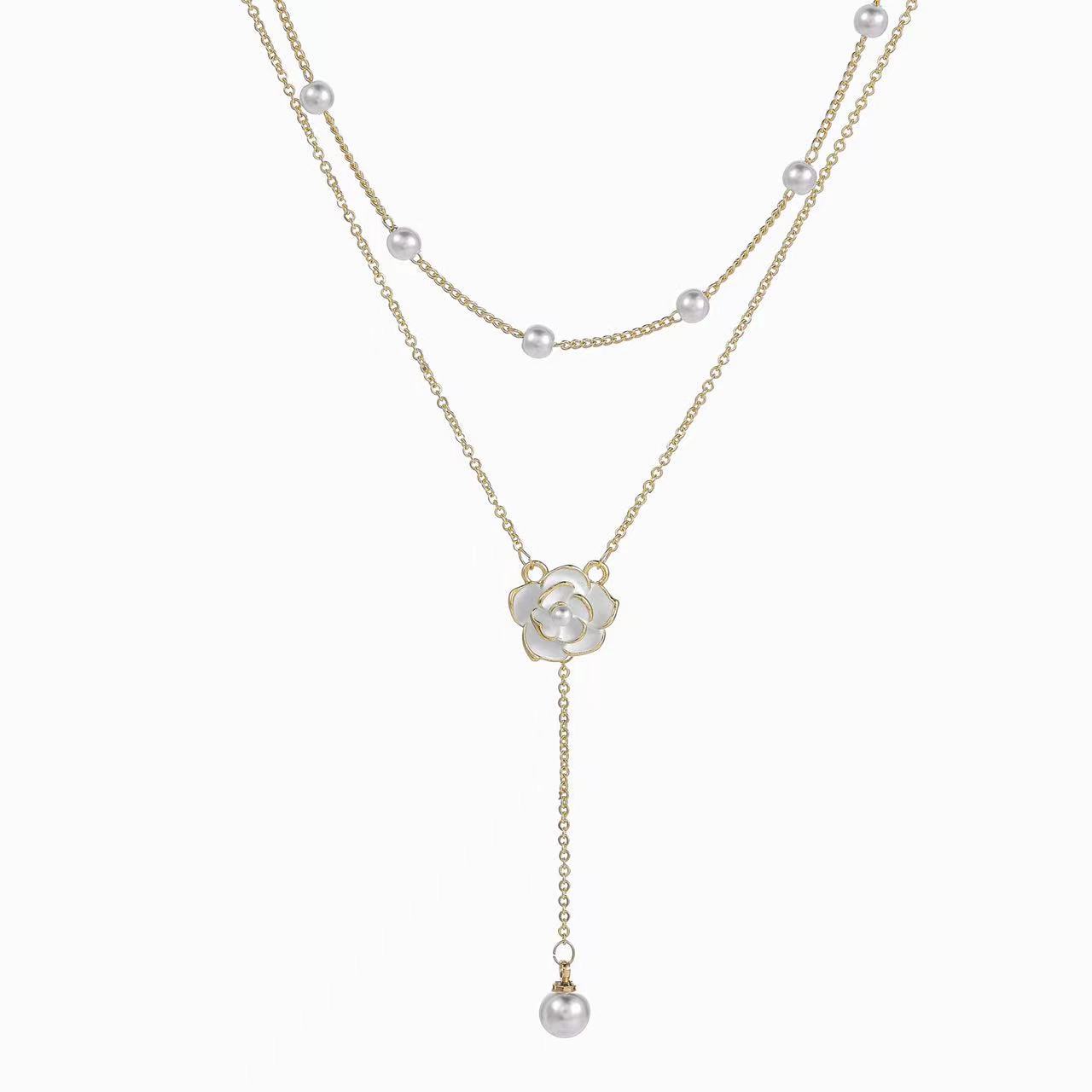 Double-layer tassel pearl necklace with a unique design sense for women. Camellia collarbone, light luxury style, beaded around the neck Item Picture