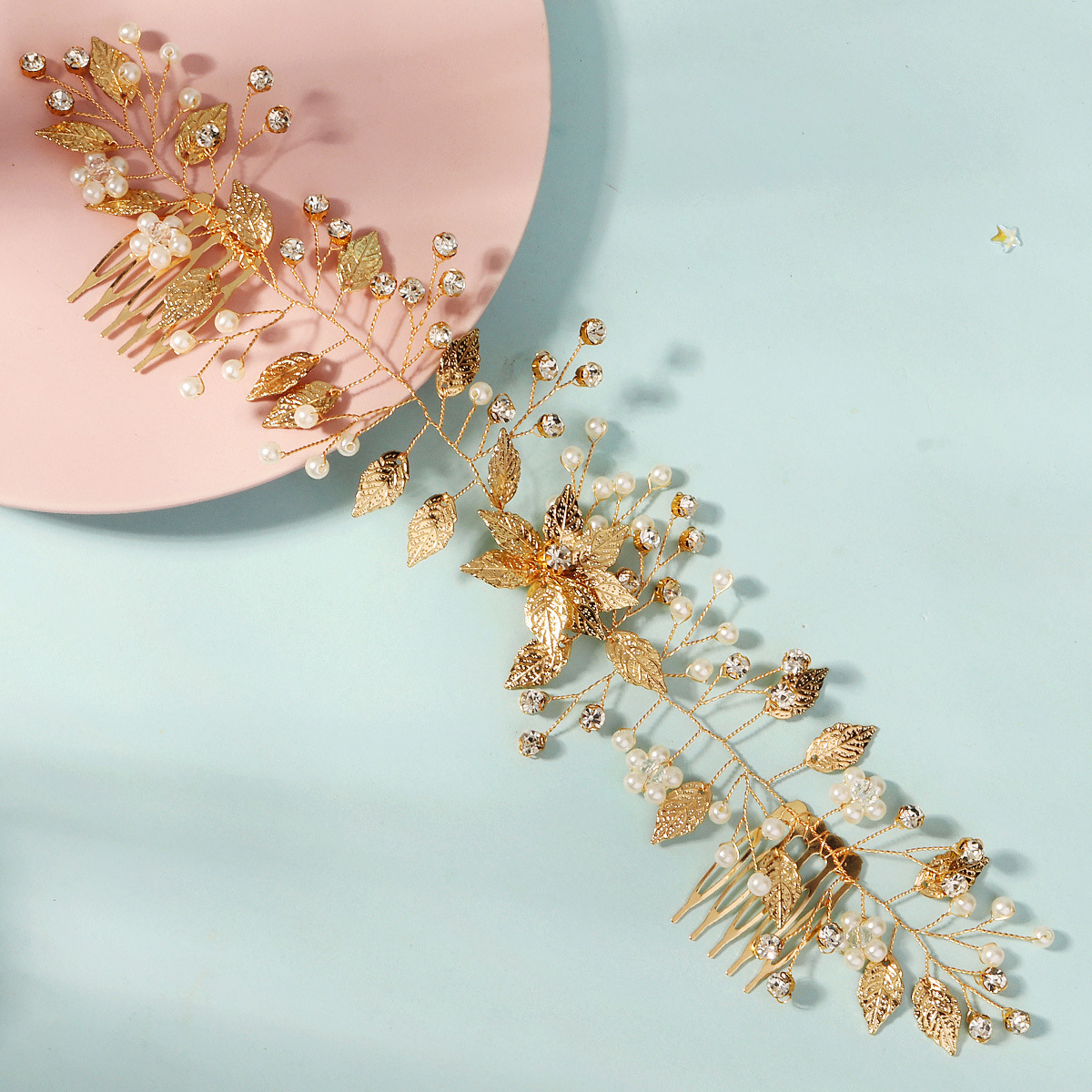 European and American bride accessories, rhinestone alloy leaf pair combs, wedding curls, headwear, hand-beaded golden pearl hair combs Specification drawing