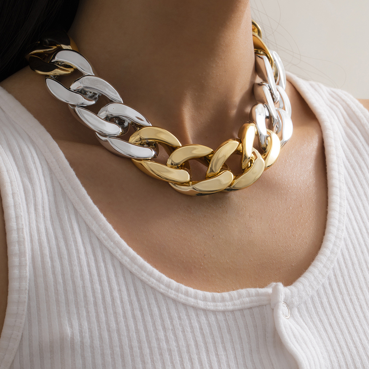 European and American cross-border accessories, street hip-hop trendy color patchwork simple necklace, women's exaggerated single-layer geometric chain necklace Specification drawing