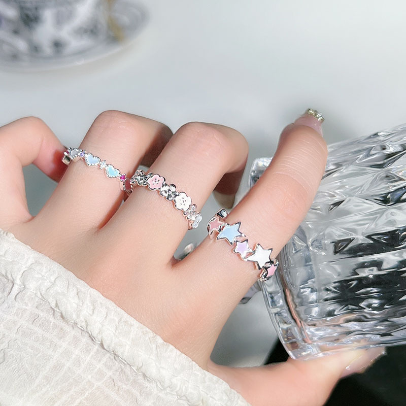 A trendy Korean version, cute style, colorful glazed star opening ring, a sweet and cool ring with a heart and flowers Specification drawing