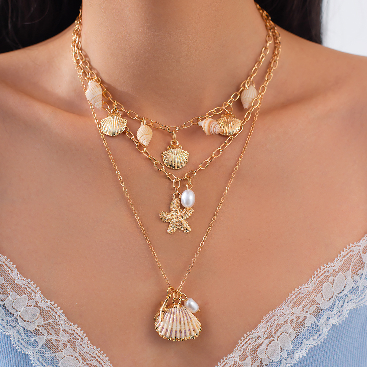 European and American cross-border jewelry, Bohemian shell starfish pendant necklace, vacation multi-layer alloy pearl collarbone chain full figure