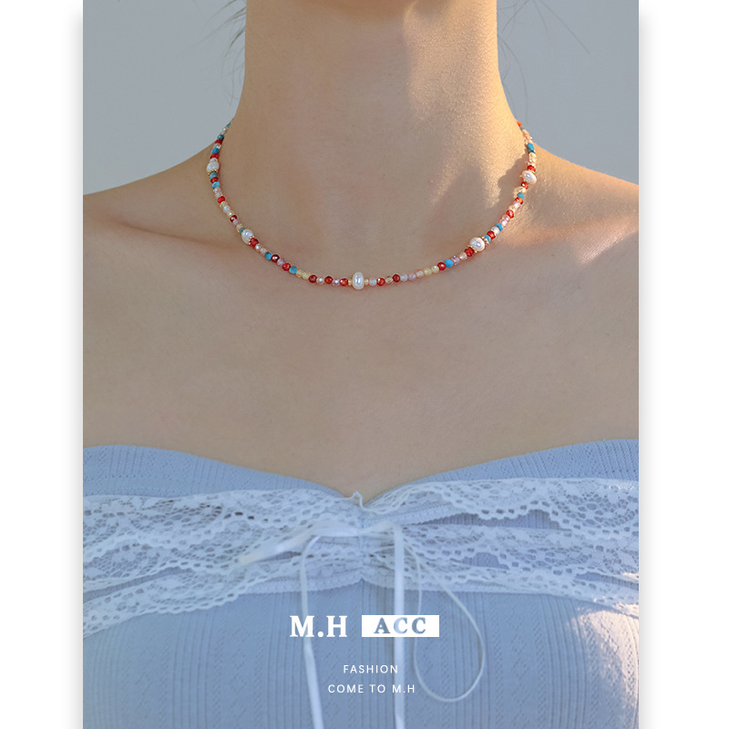Fresh and colorful pearl zircon necklace for women, ins style, simple, fashionable and high-end collarbone necklace wholesale full figure
