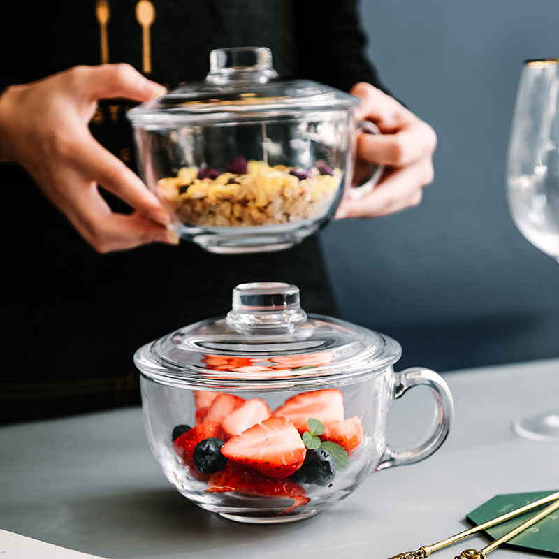 Lizun Tempered Diamond Large Food Pot, covered breakfast cup, Oat Cup, Creative Milk Cup with handle, Instant noodle bowl, Glass cup Specification drawing