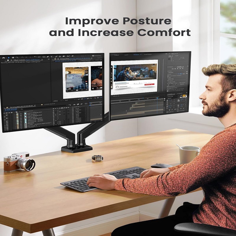 The 32-inch adjustable dual-screen monitor stand features a 360° rotatable screen, suitable for home offices Specification drawing