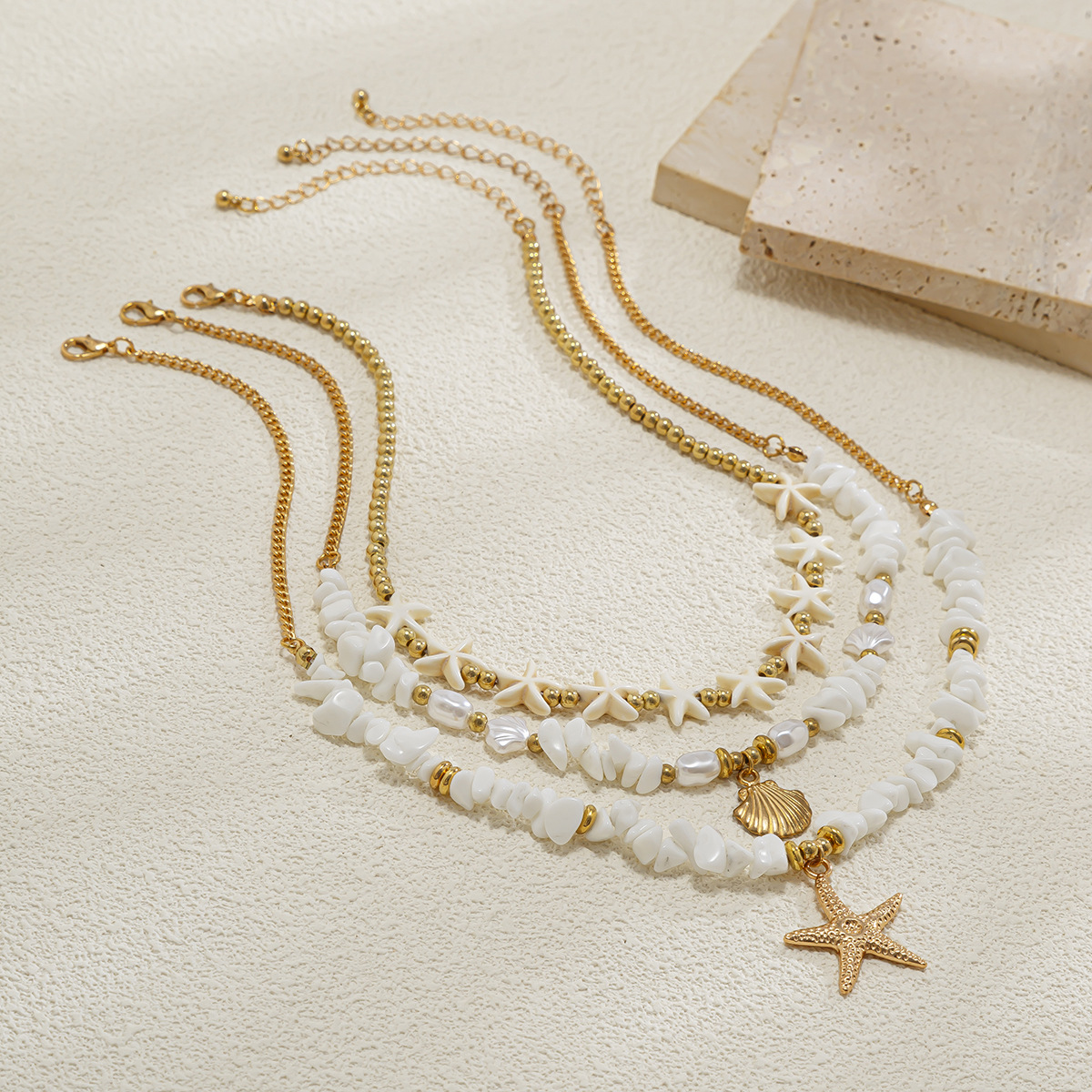 European and American cross-border jewelry, vacation-style shell beaded collarbone chain, beach alloy imitation pearl multi-layer starfish necklace Specification drawing