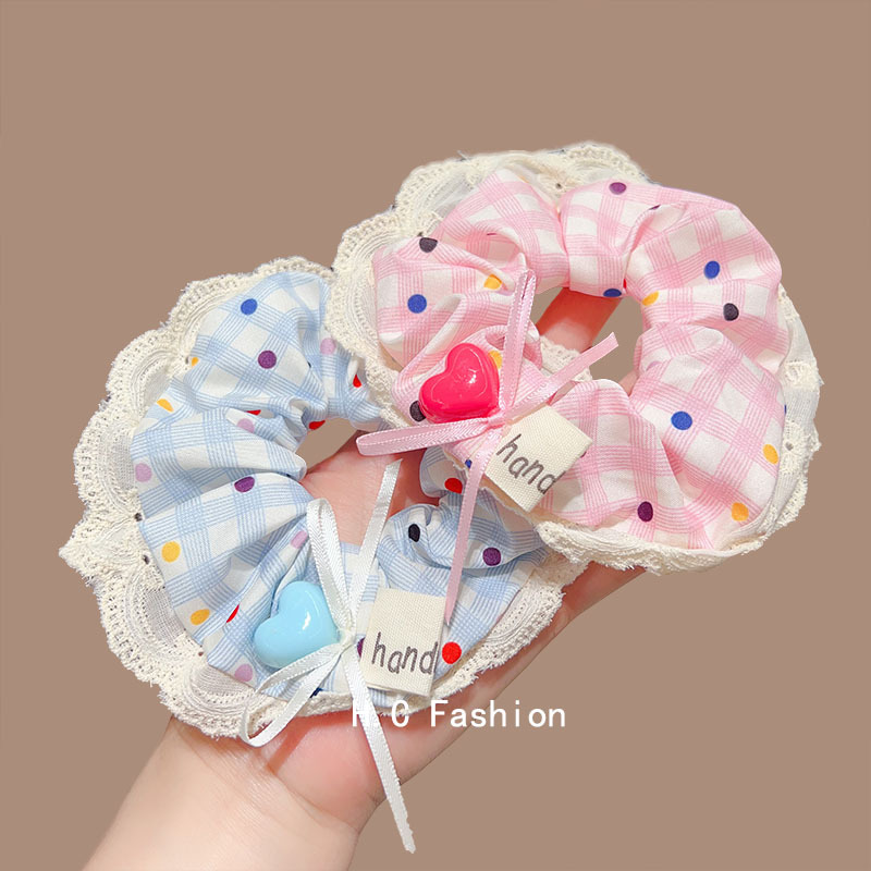 Romantic dopamine pink bow polka dot lace large intestine hair band, a high-end Korean-style sweet hair tie accessory for women details Picture