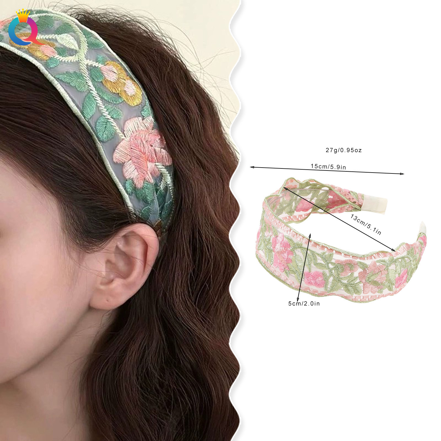Qiyue New Chinese-style mesh embroidered flower hair band, ethnic style feminine charm headband, high skull top hair hole, high-end hair accessory details Picture