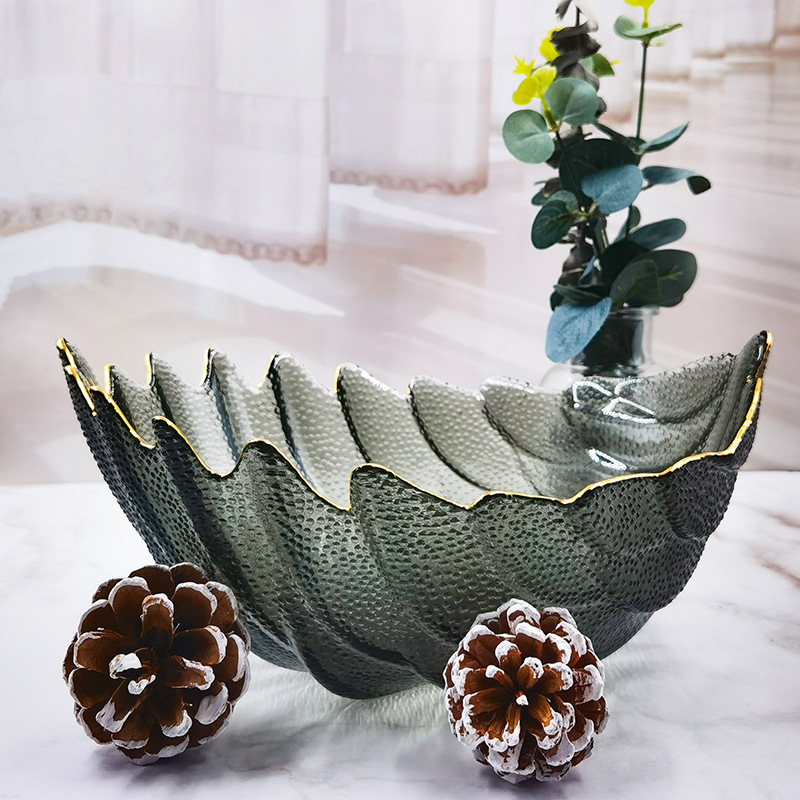 Creative golden-edge feather glass bowl, large fruit plate, vegetable salad bowl, Nordic-style home restaurant, candy plate, fruit full figure