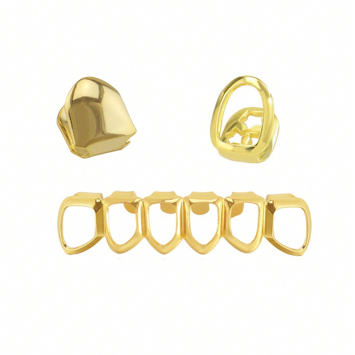 Cross-border best-selling six-hollowed-out flat teeth hip-hop braces, hip-hop teeth three-piece set, stage prop braces full figure