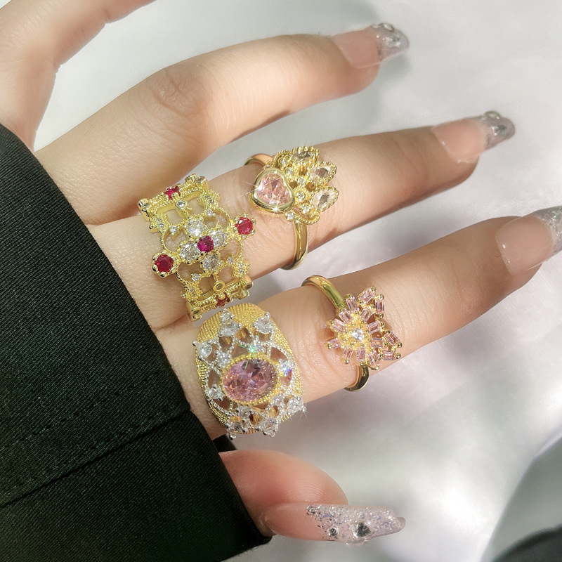 French retro light luxury pink diamond open ring, women's middle-aged style, ins cold style, niche high-end sense, index ring trend Specification drawing