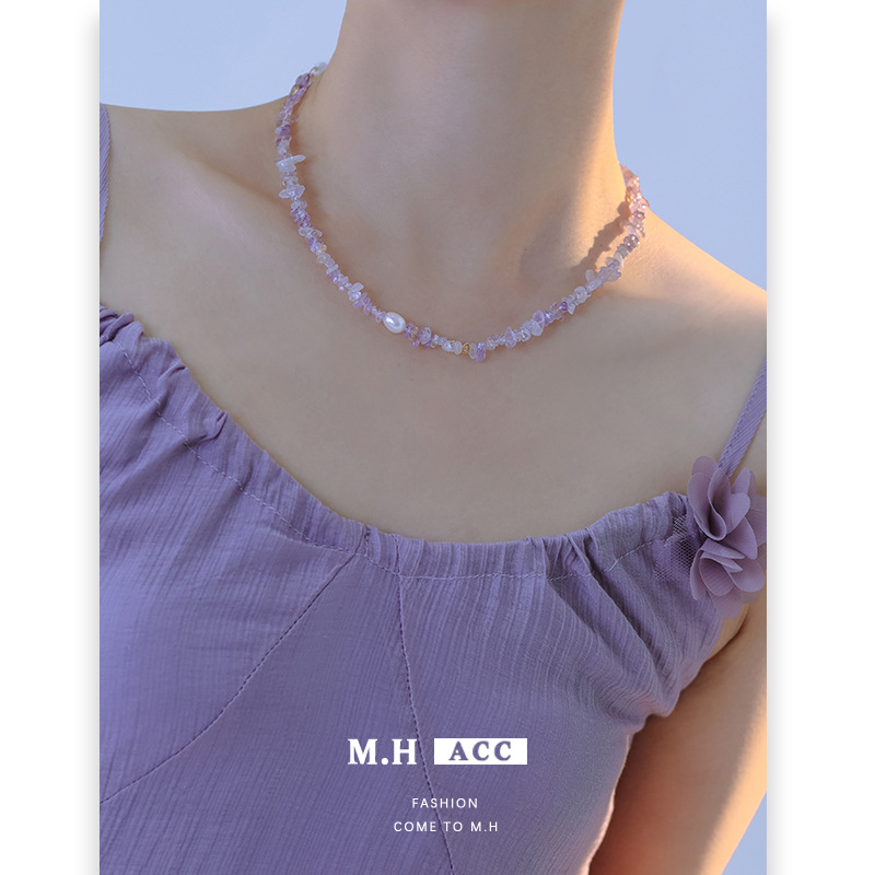 Amethyst pearl necklace for women, fashionable, retro, niche, light luxury, simple and elegant, high-end collarbone chain accessory wholesale Specification drawing