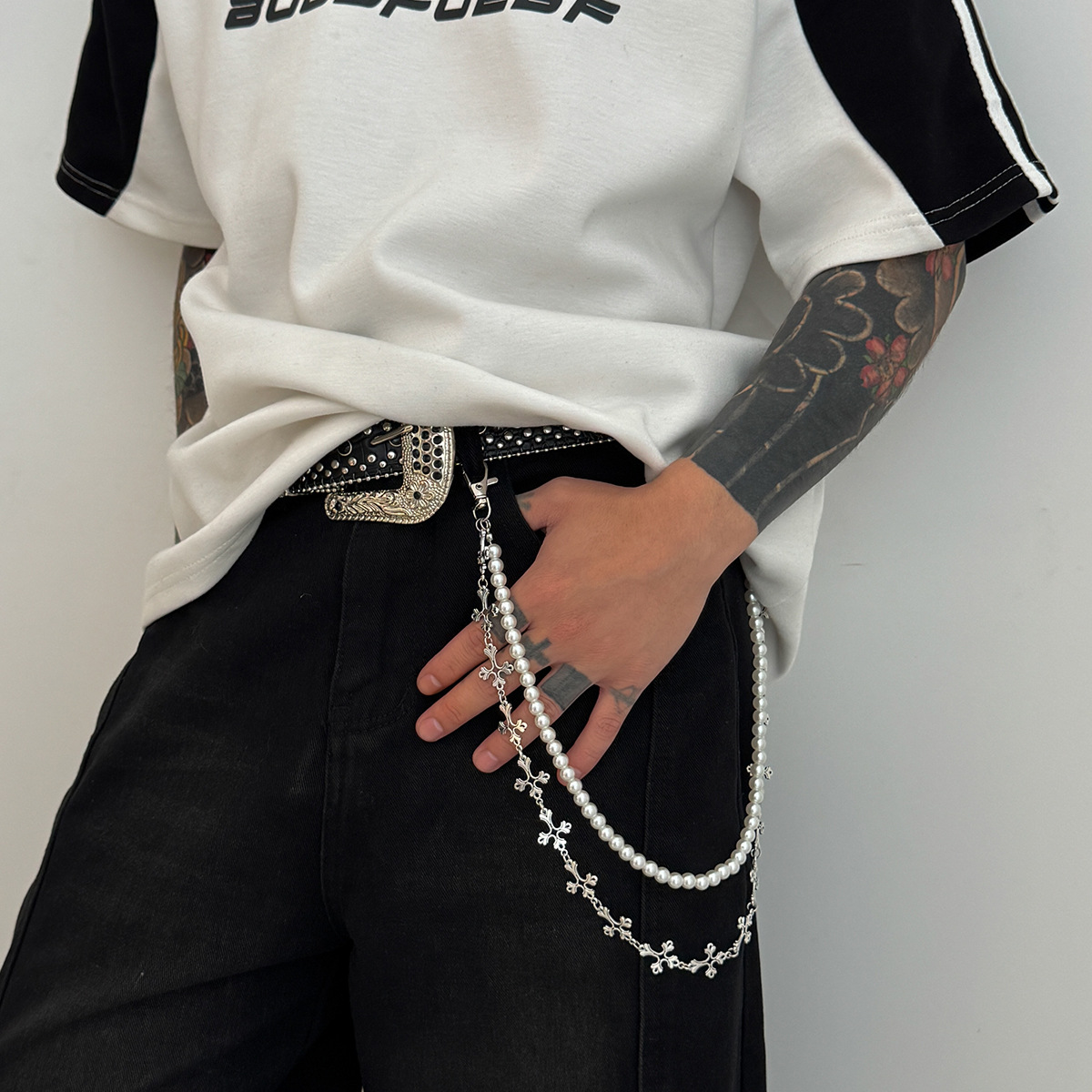 European and American cross-border jewelry punk style cross patchwork trouser chain, ins fashion street imitation pearl beaded waist accessory details Picture