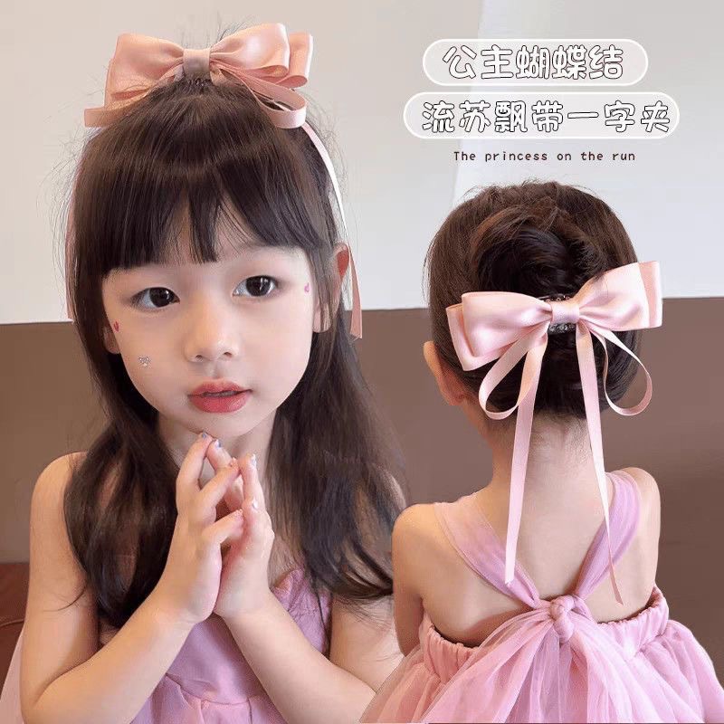 Children's hairpins, elegant ribbons, bow hair clips, high ponytail, lazy person's updo, back of the head duckbill clip accessories Application Scenario