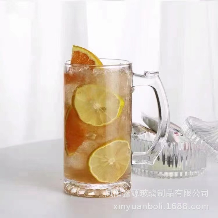 Thickened glass beer mug, juice cup, high appearance level, barbecue handle, high-temperature resistant draft beer cup, advertising cup print log details Picture