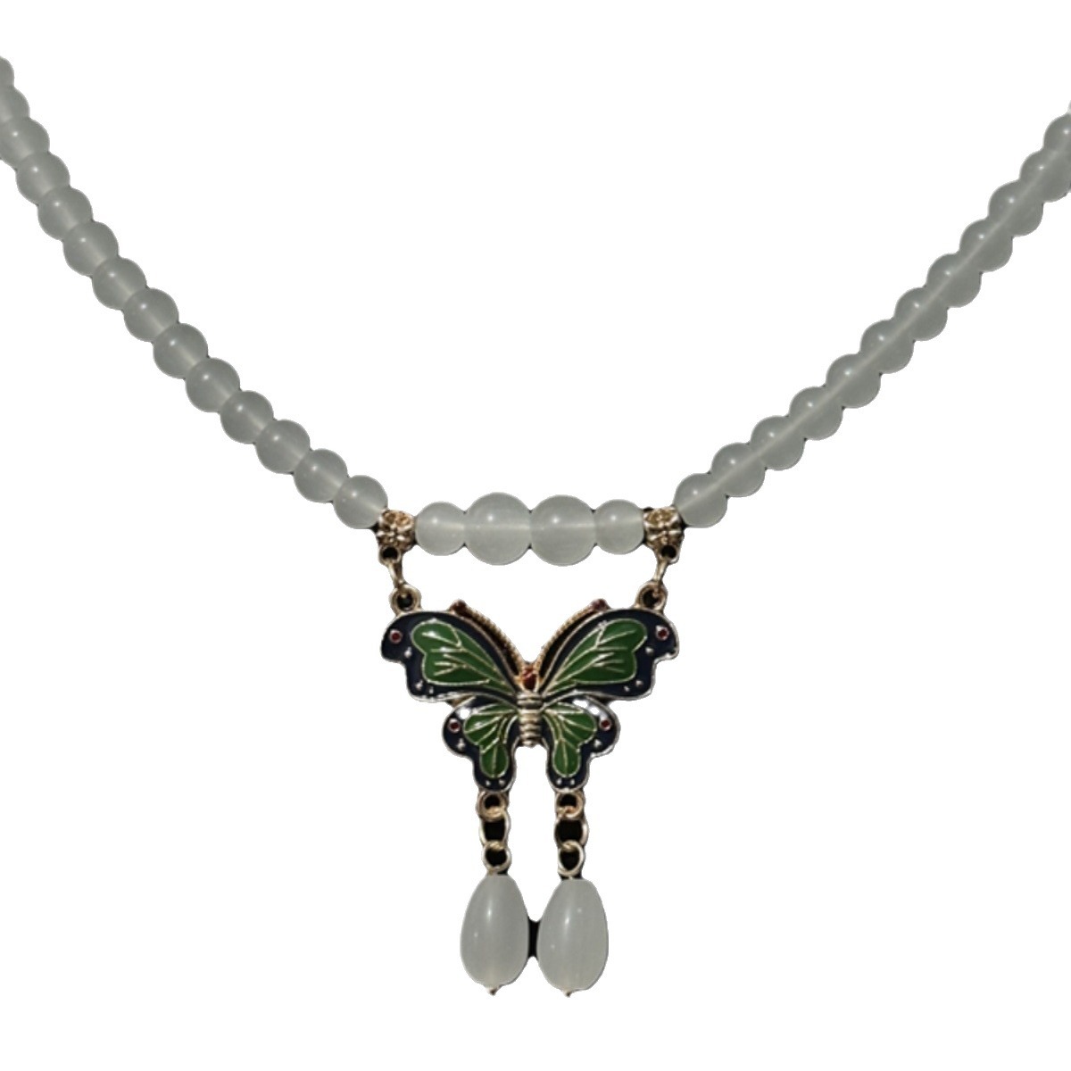 The green butterfly necklace with a niche ethnic style, a retro Zen-inspired beaded chain, and a new Chinese-style long horse face skirt are versatile Item Picture