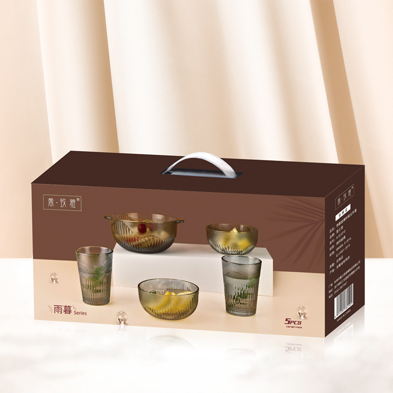 Japanese tableware vertical patterned glass bowl set, home dessert double-eared bowl five-piece set, insurance and bank event gifts details Picture