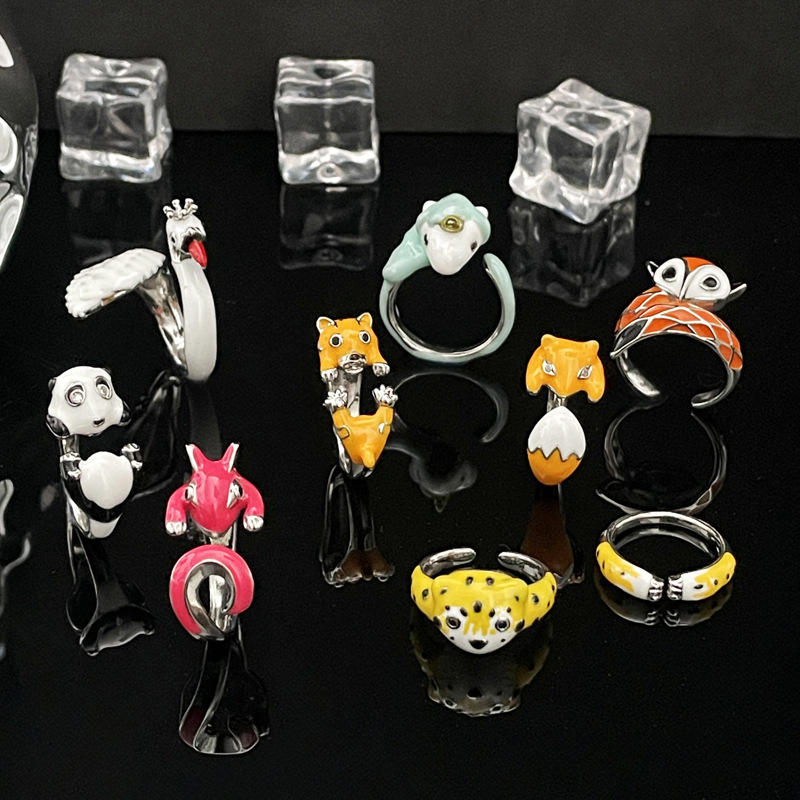 Cute and playful little animal drip glaze open ring, unique cartoon sweet and cool personality of female student, best friend food ring trend full figure