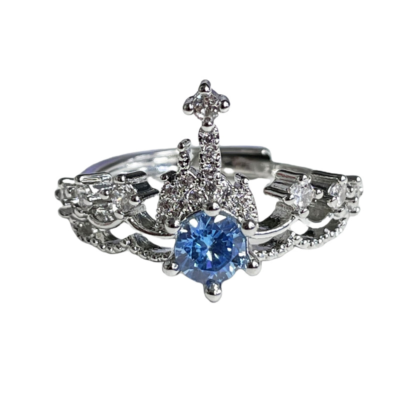 French gentle crown, sea blue zircon light luxury open ring, women's dragonfly fashionable, simple and individual cold style ring Item Picture