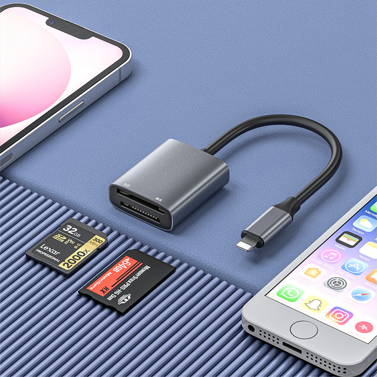 SD+MS 2-in-1 card reader type c for iPhone Lightning interface Application Scenario