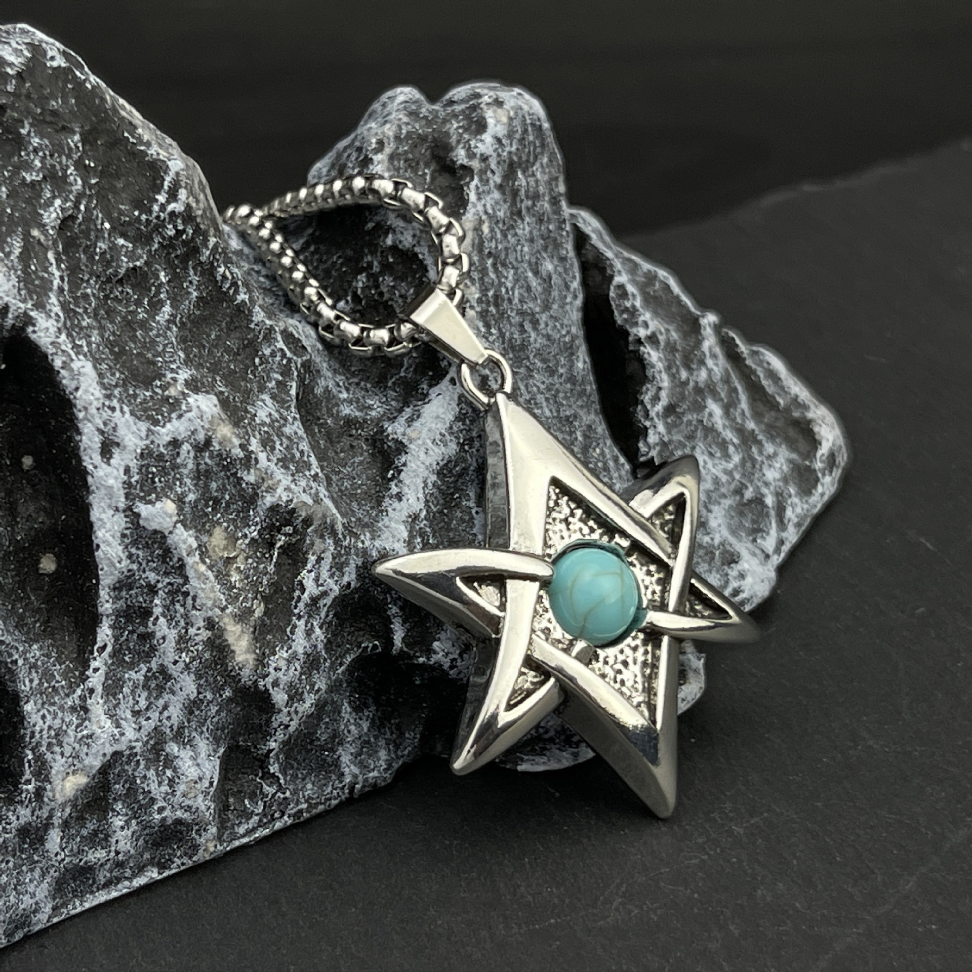 Wholesale of 2024 new European and American hip-hop turquoise hexagram pendants, fashionable and retro ins personalized titanium steel pendants details Picture