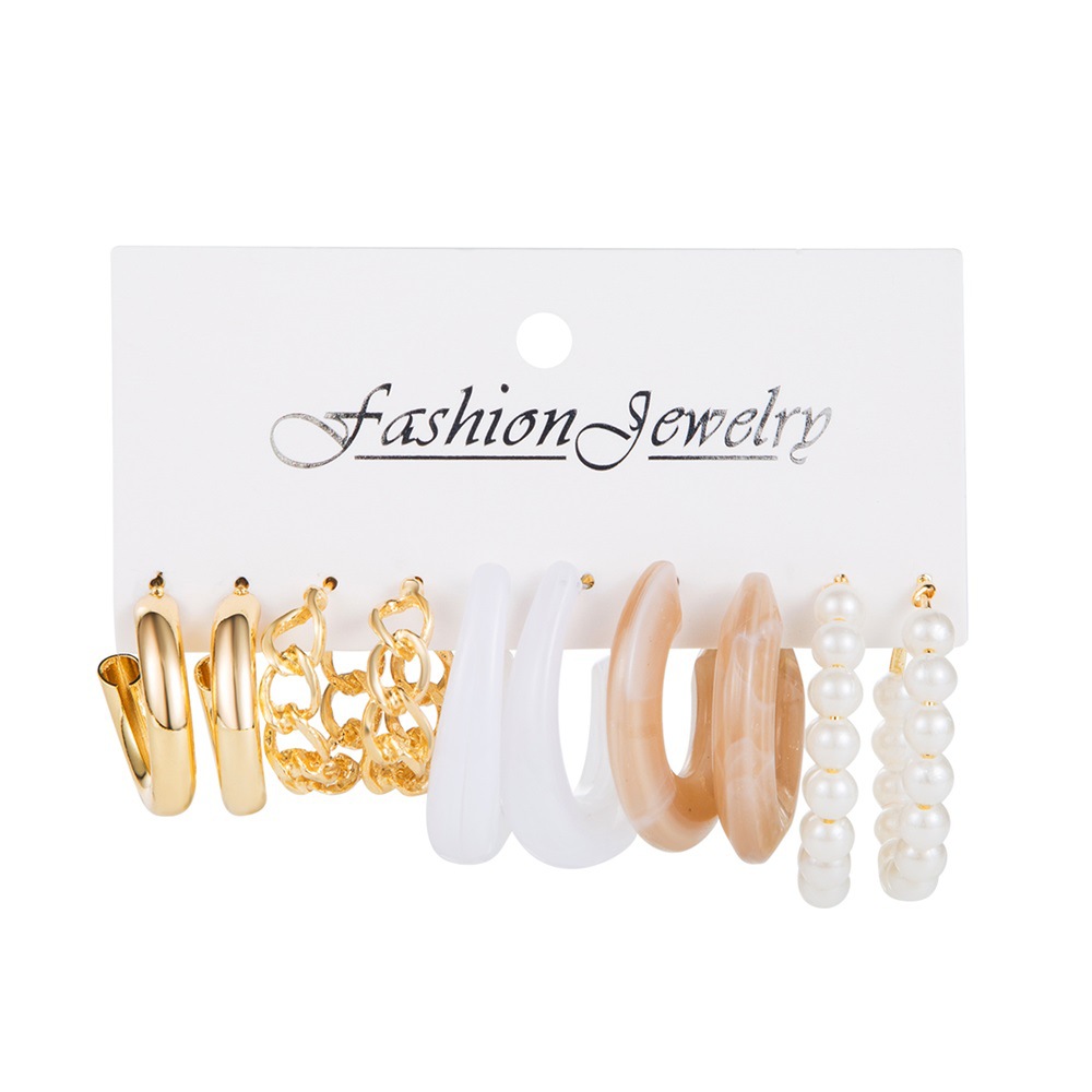 New cross-border pearl-inlaid women's earrings from Europe and America, creative French retro gold ear ring set earrings Item Picture