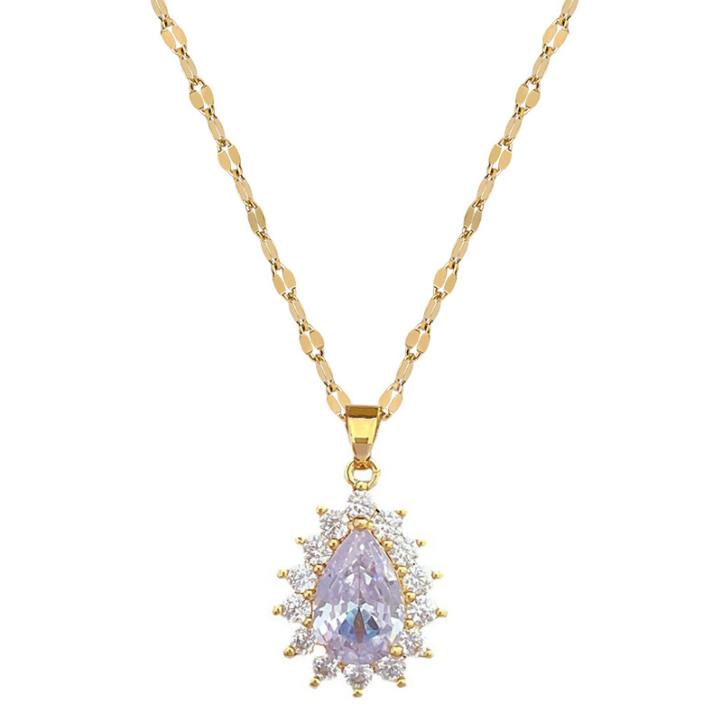 【 Titanium Steel 】 Full Diamond water drop Necklace Earring set, light luxury, slightly inlaid, personalized and elegant banquet ear and necklace combination Item Picture