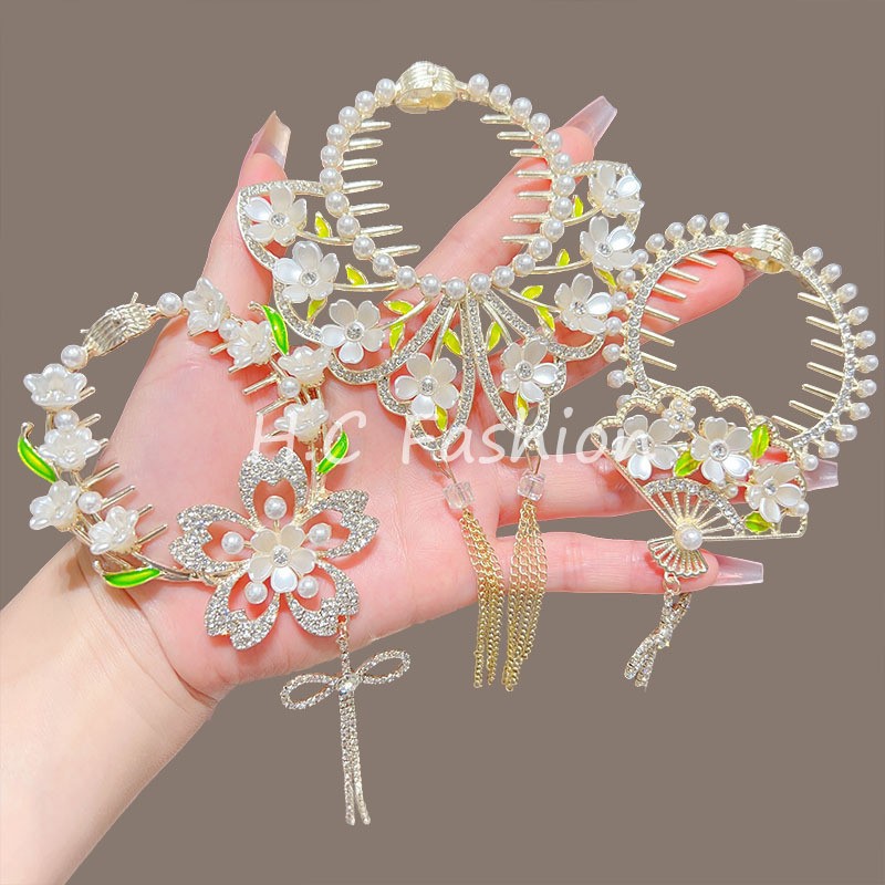New Chinese-style feminine style flower bun hair clip, wing tassel ponytail buckle, back of the head updo headwear details Picture