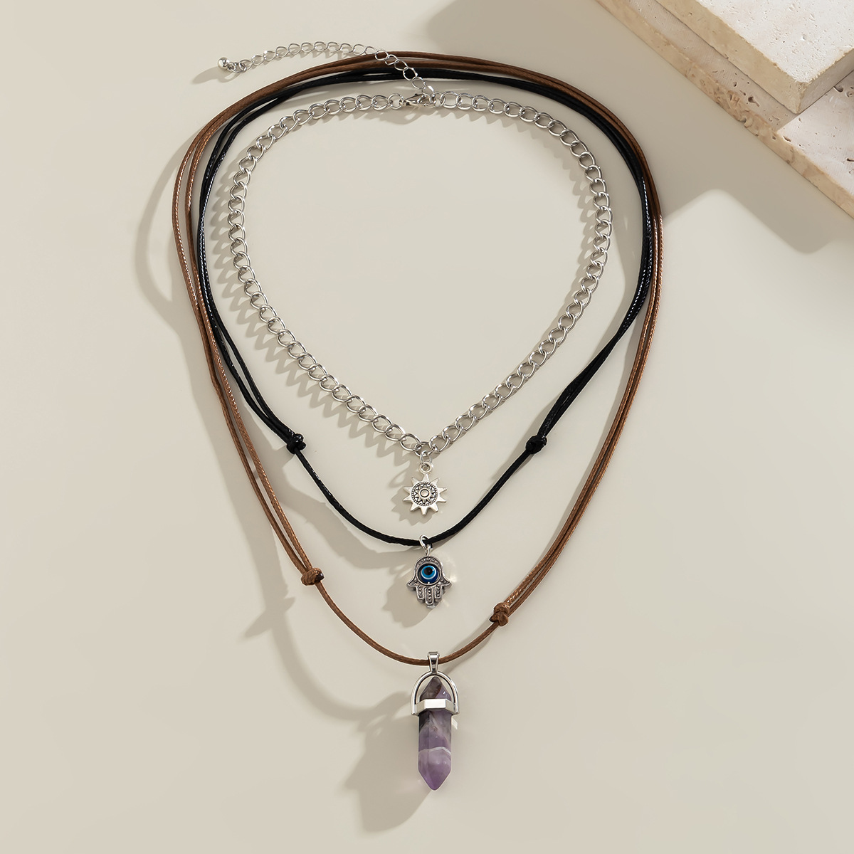European and American cross-border jewelry, sweet and cool Buddha's hand pendant, retro layered neckchain, niche crystal column, country spice girl necklace Specification drawing