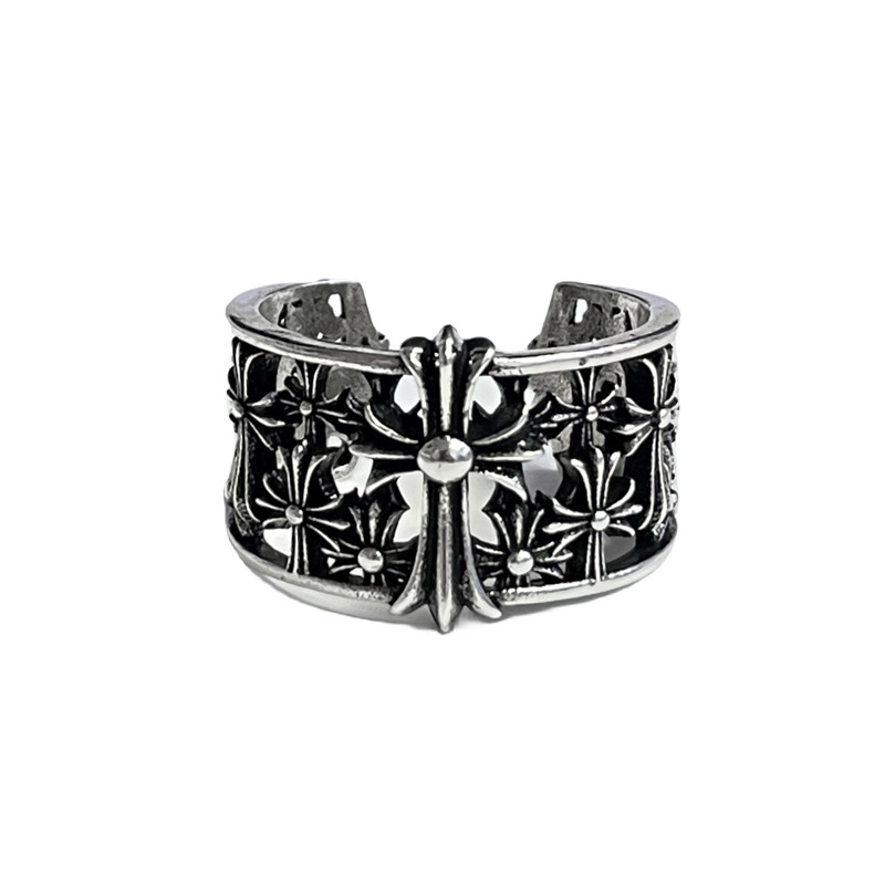 Retro aged irregular cross texture crown heart-shaped opening ring, unique punk hip-hop sweet and cool ring Item Picture