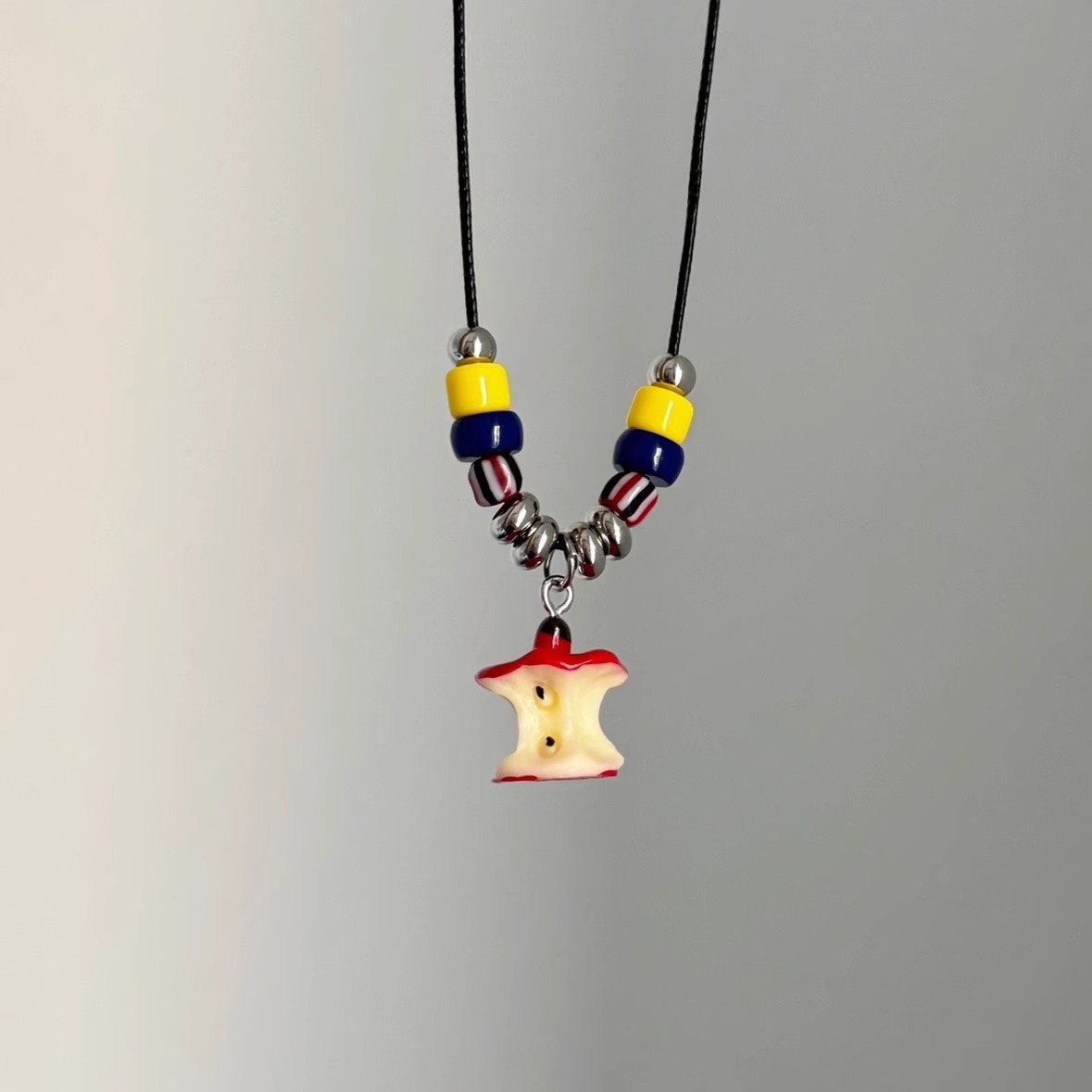 Dopamine apple core colorful beaded black rope necklace, retro and niche Korean Ink-style, cute and childlike necklace for girls full figure