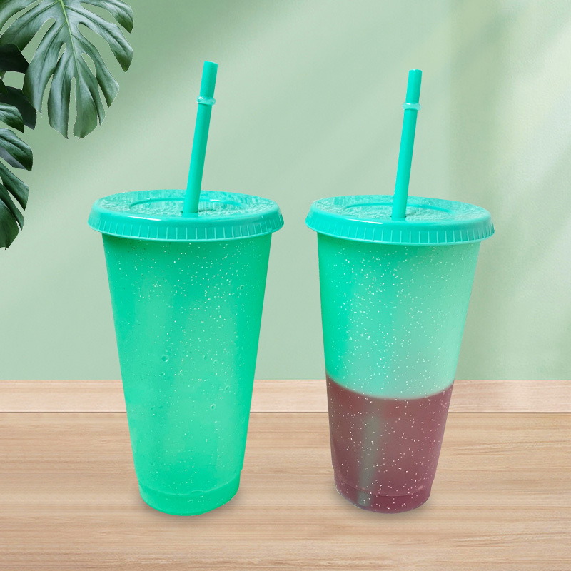 New creative glitter color-changing cup that changes color when cold, large size with straw, DIY plastic cup. Customized logo available upon request details Picture