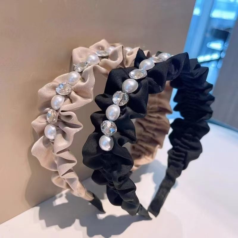 New high-end pearl hair band, high top pleated, fashionable wide-edge hairpin, elegant hair band, and internet-famous headband details Picture