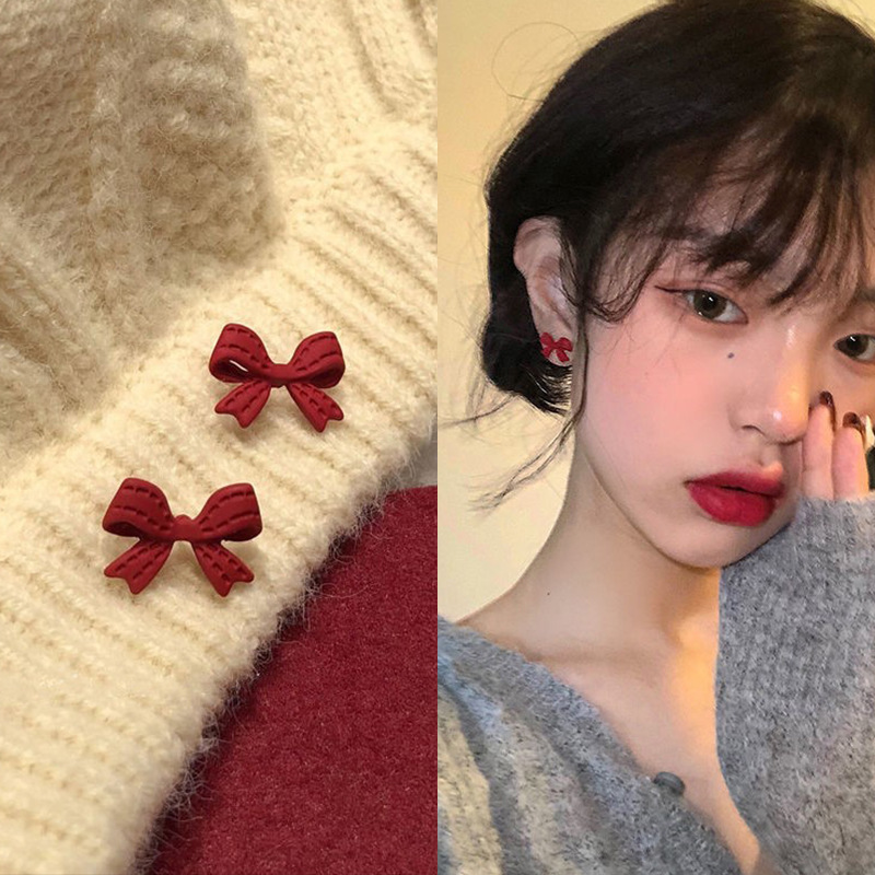 Korean bow stud earrings, sweet and girlish, simple and elegant, internet-famous super fairy earrings, the new style of earrings in 2025, trendy details Picture