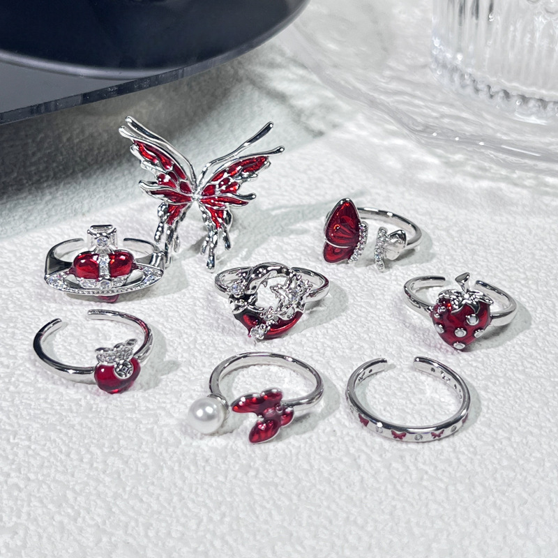 New Year's red enamel high-end butterfly drop glaze open ring for women, festive, fashionable, exquisite and elegant, trendy index finger ring Specification drawing