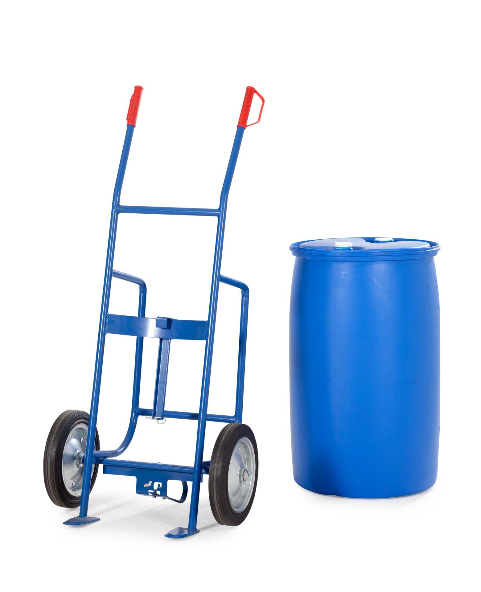 DENIOS steel round drum trolley, 205L iron and plastic drum handling trolley, oil drum unloading trolley, manual trolley undefined