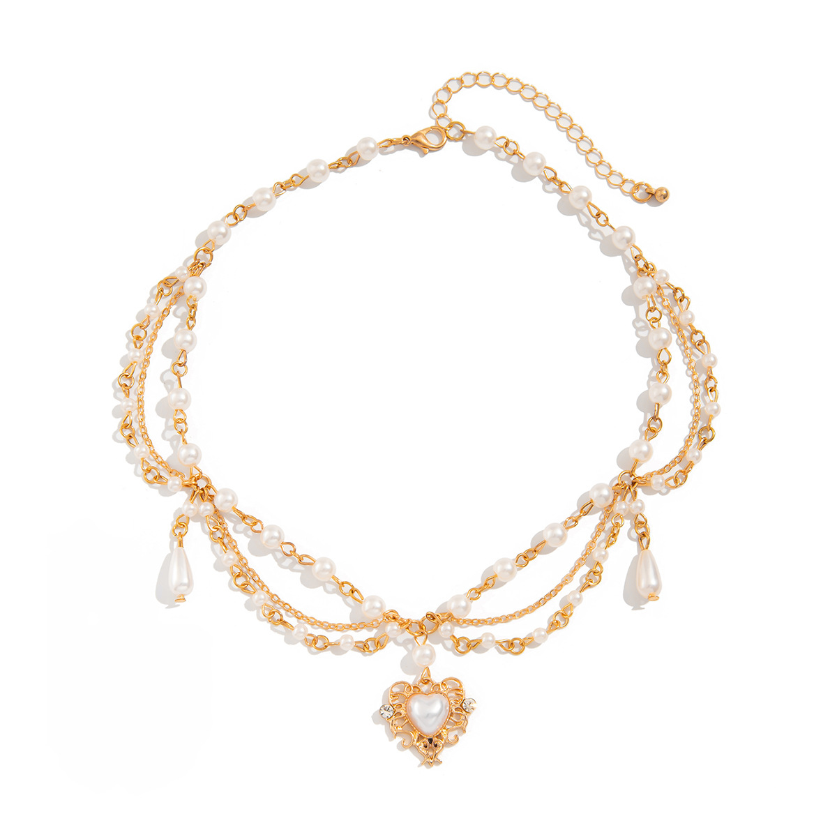 European and American cross-border jewelry: simple metallic heart-shaped pendant, collarbone chain, fashionable teardrop-shaped pearl necklace Item Picture